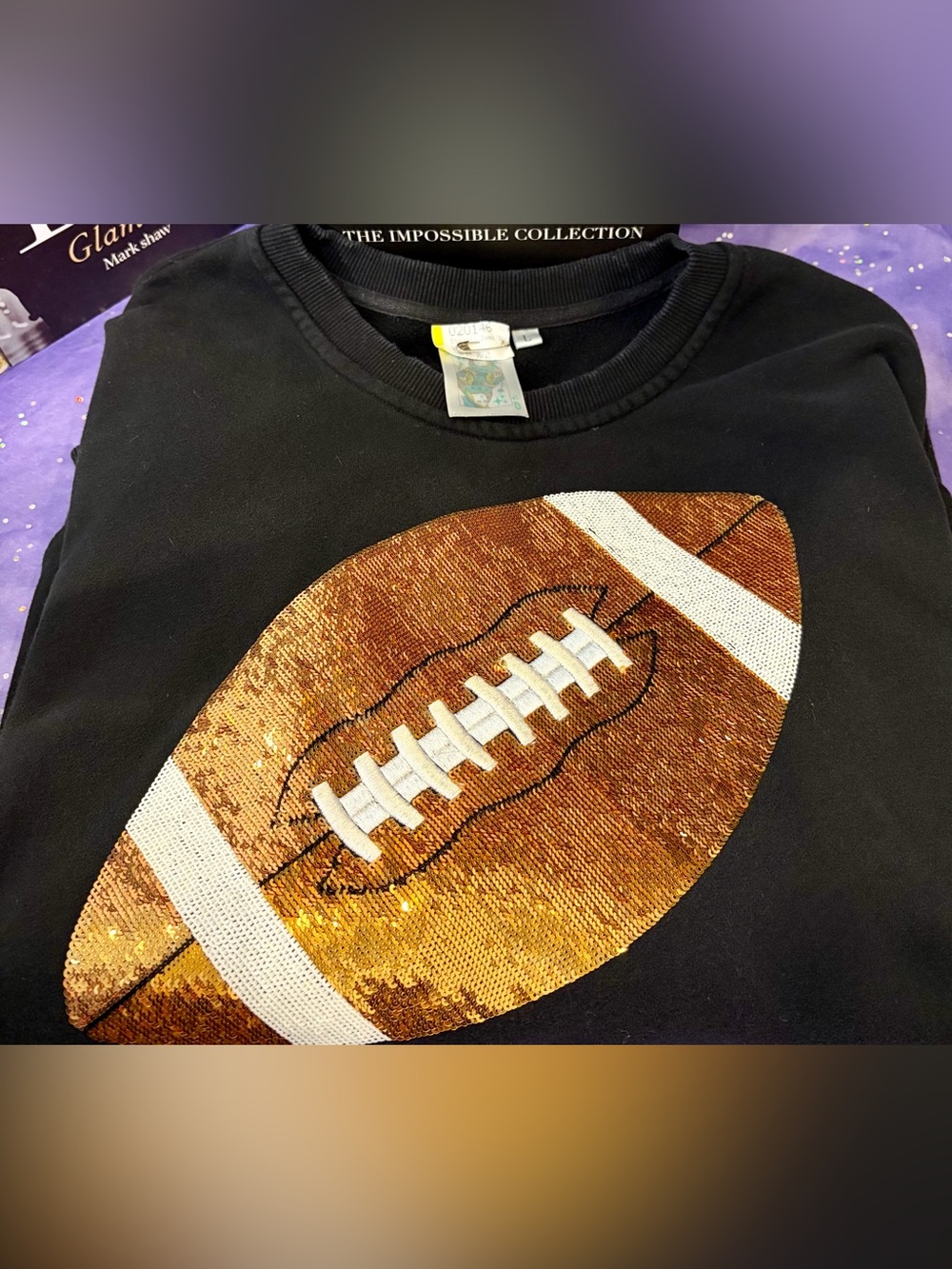EUC! QUEEN OF SPARKLES Black Crewneck Sweatshirt w/Sequin Gold Football Graphic - Picture 4 of 7